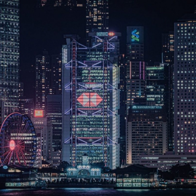 city skyline during night time