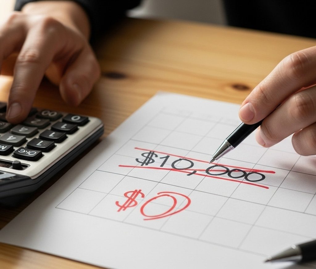 Person calculating finances with calculator and paper.